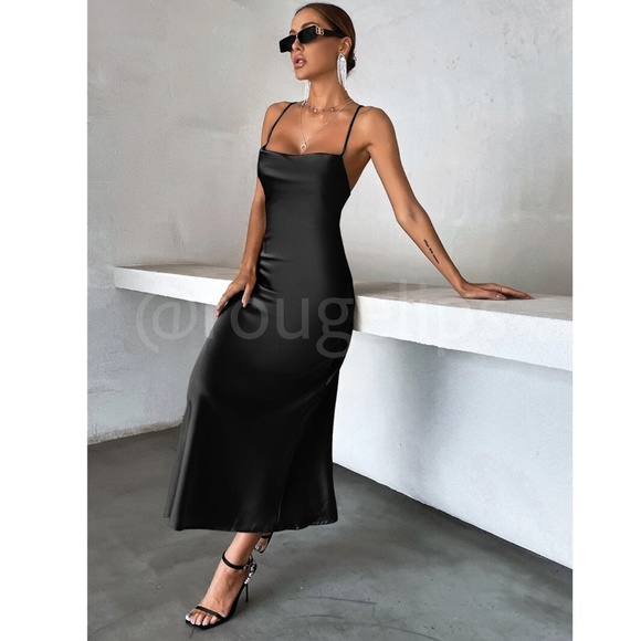 Black Satin Dress Midi Cowl Neck Back Ties - Picture 3 of 7